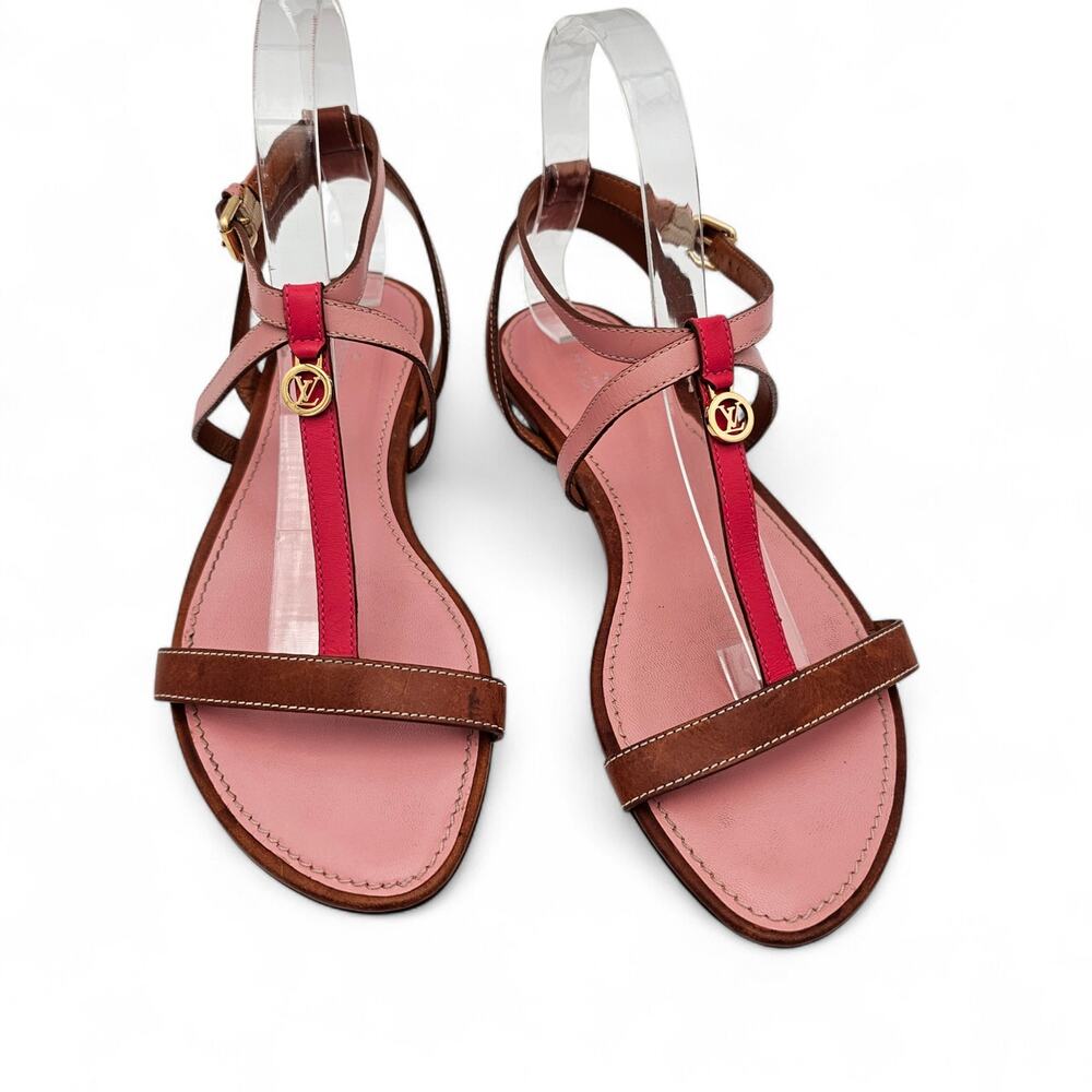 Louis Vuitton LV Flat Strappy T Strap Sandal Pink Brown Leather Size 38.5 US 8.5